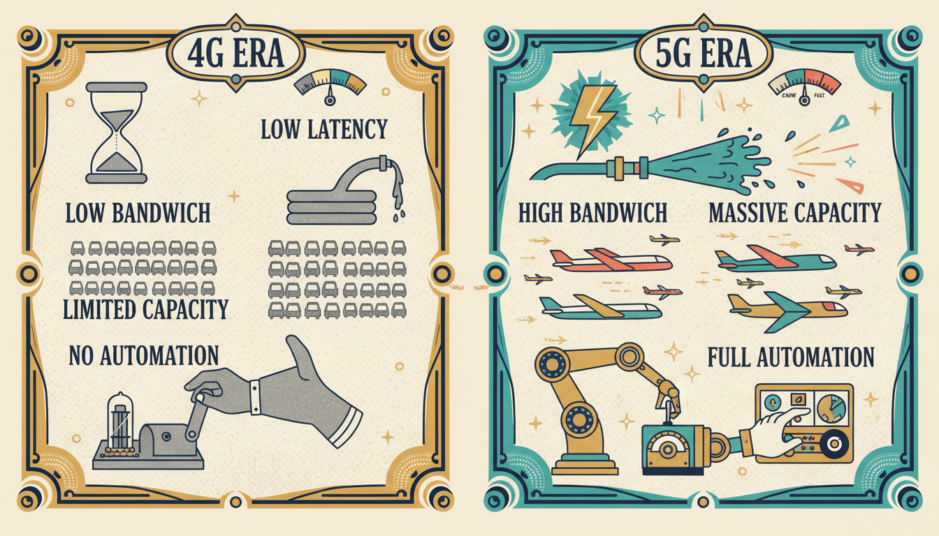 A retro-futuristic comparison chart showing 4G Era vs 5G Era across latency, bandwidth, capacity, and automation using vintage gauge and icon metaphors