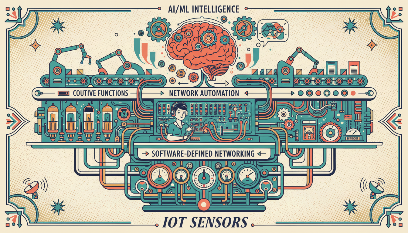 A retro-style five-layer technology stack diagram showing IoT Sensors, Cloud-Native Functions, Software-Defined Networking, Network Automation, and AI/ML Intelligence
