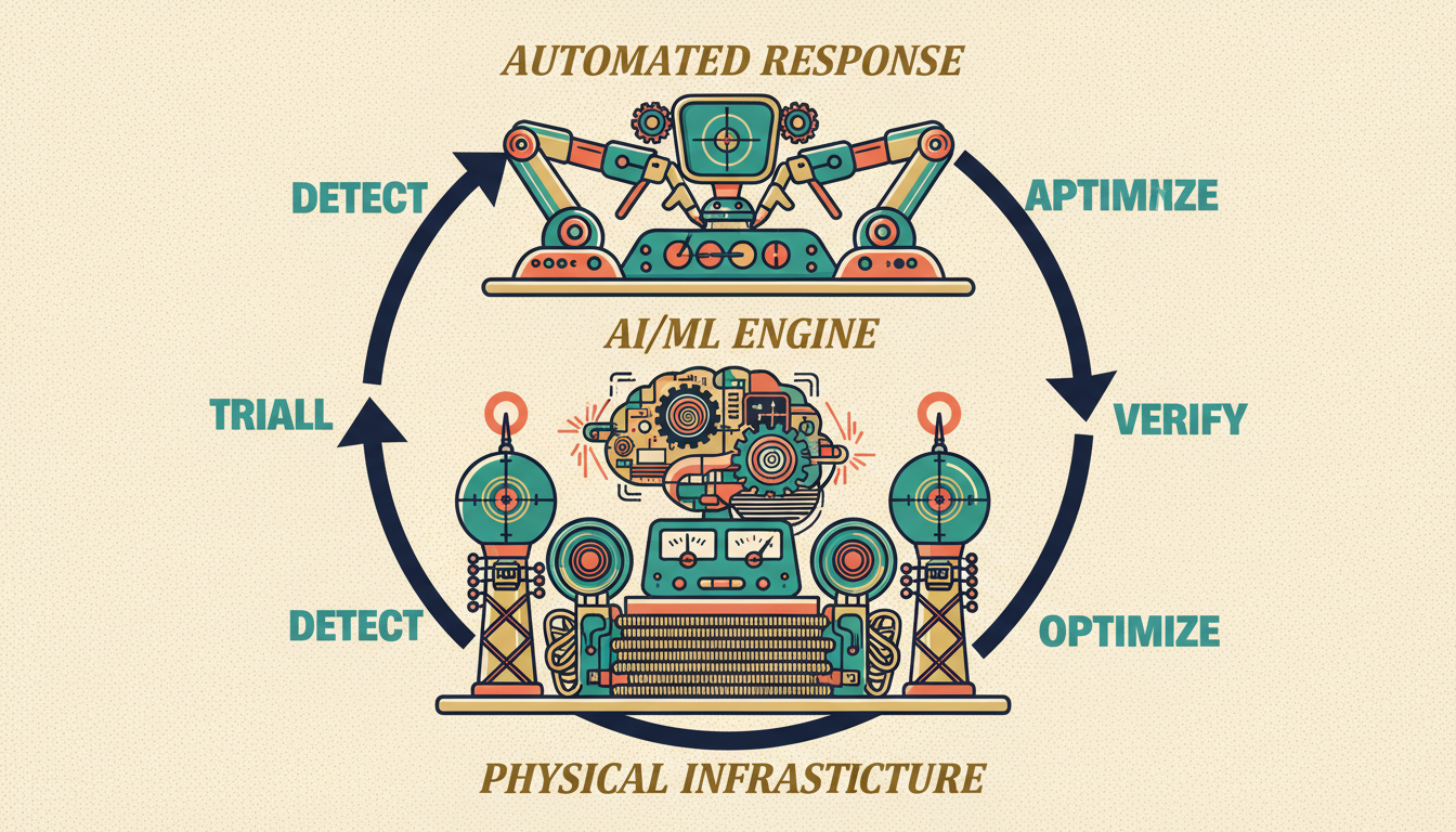 A retro-style three-tier platform diagram showing the 5G optimization stack: Physical Infrastructure, AI/ML Engine, and Automated Response in a continuous feedback loop