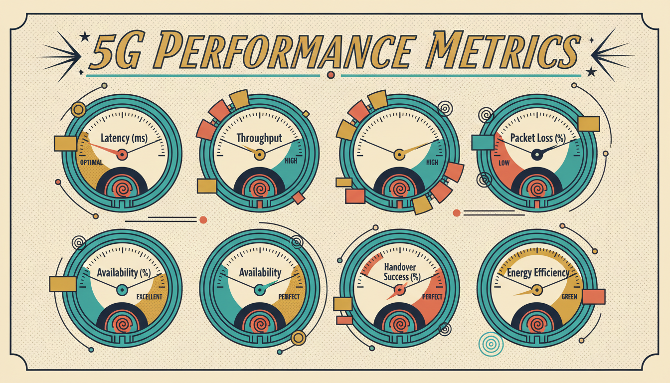 A retro-futuristic instrument dashboard showing six key 5G performance gauges: Latency, Throughput, Packet Loss, Availability, Handover Success, and Energy Efficiency