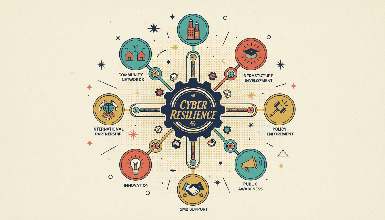 A retro-style circular solution wheel with eight spokes radiating from Cyber Resilience: Infrastructure Investment, Workforce Development, Policy Enforcement, Public Awareness, SMB Support, Innovation, Partnerships, and Community Networks