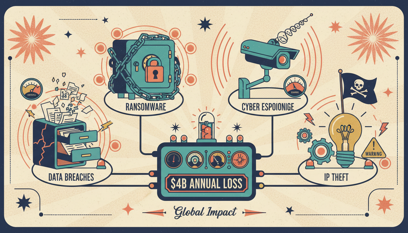 A retro-futuristic threat taxonomy showing four major cyber threats in Africa: Data Breaches, Ransomware, Cyber Espionage, and IP Theft, connected to a $4B annual loss indicator