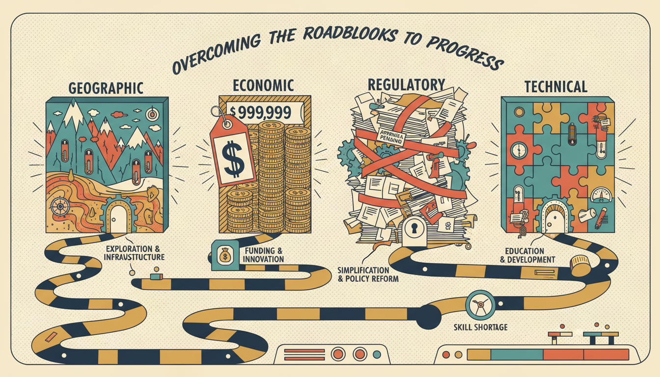 A retro-style illustration of four infrastructure barriers as walls on a road: Geographic, Economic, Regulatory, and Technical, each with a passage showing the solution approach