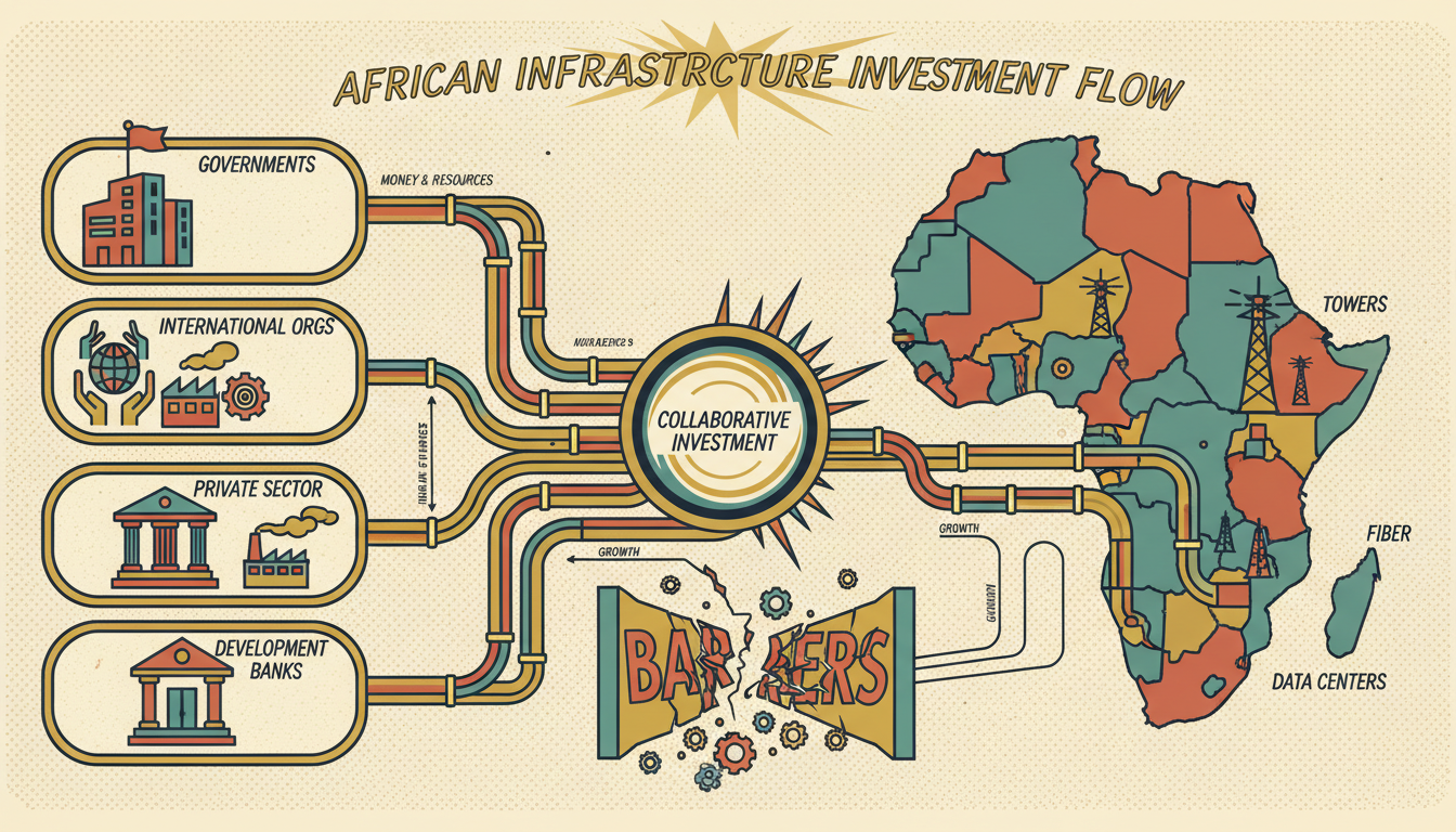 A retro financial flow diagram showing investment flowing from Governments, International Orgs, Private Sector, and Development Banks through pipelines to infrastructure projects across Africa