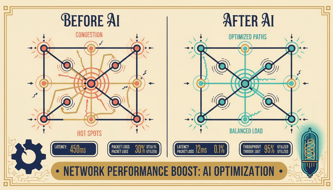 A retro-style before-and-after comparison: network congestion with hot spots and inefficient routing transforms to smooth optimized flows with balanced load after AI implementation