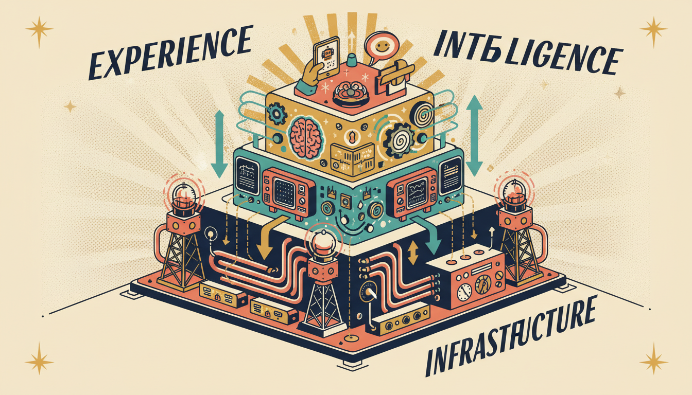 A retro three-tier service stack: Infrastructure (physical network), Intelligence (AI processing layer), and Experience (customer touchpoints), with data flowing up and insights flowing down