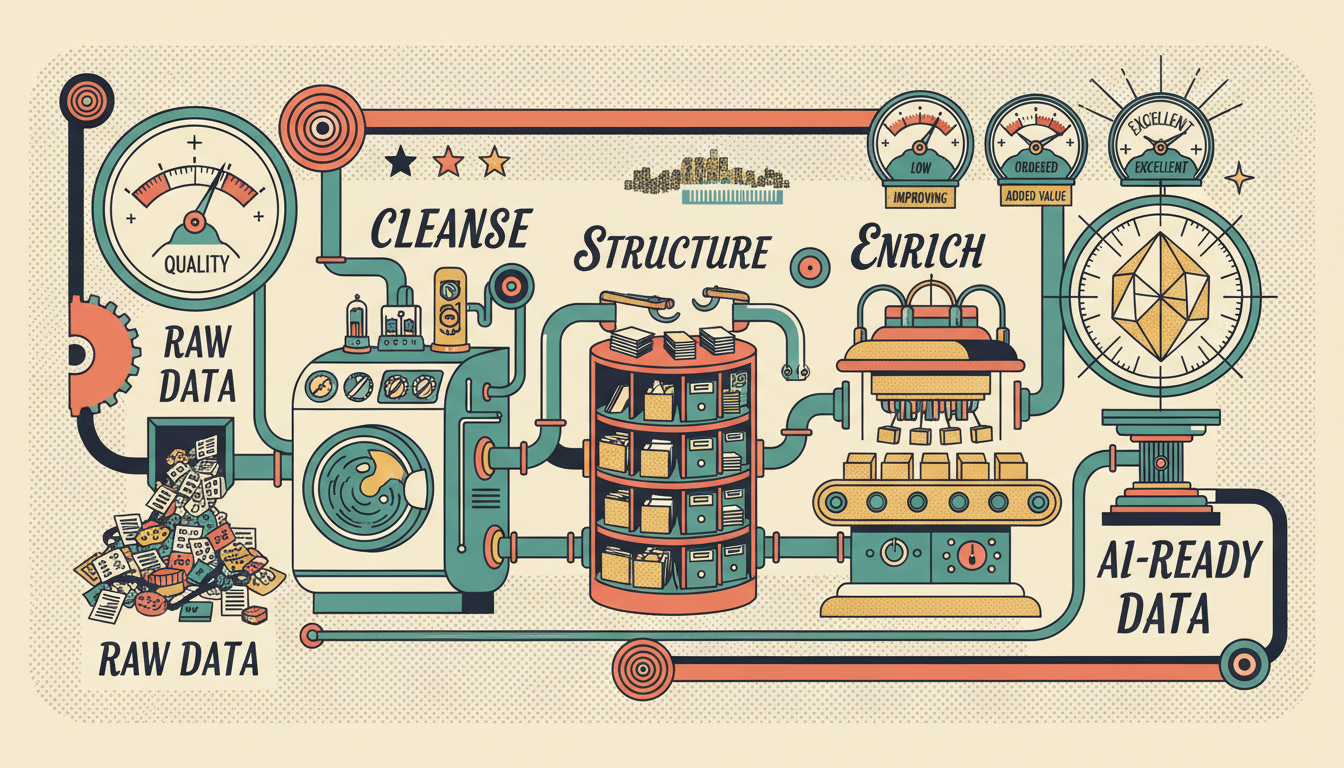 A retro industrial data quality pipeline flowing through stages: Raw Data, Cleanse, Structure, Enrich, and AI-Ready Data, each shown as a vintage processing station with quality gauges