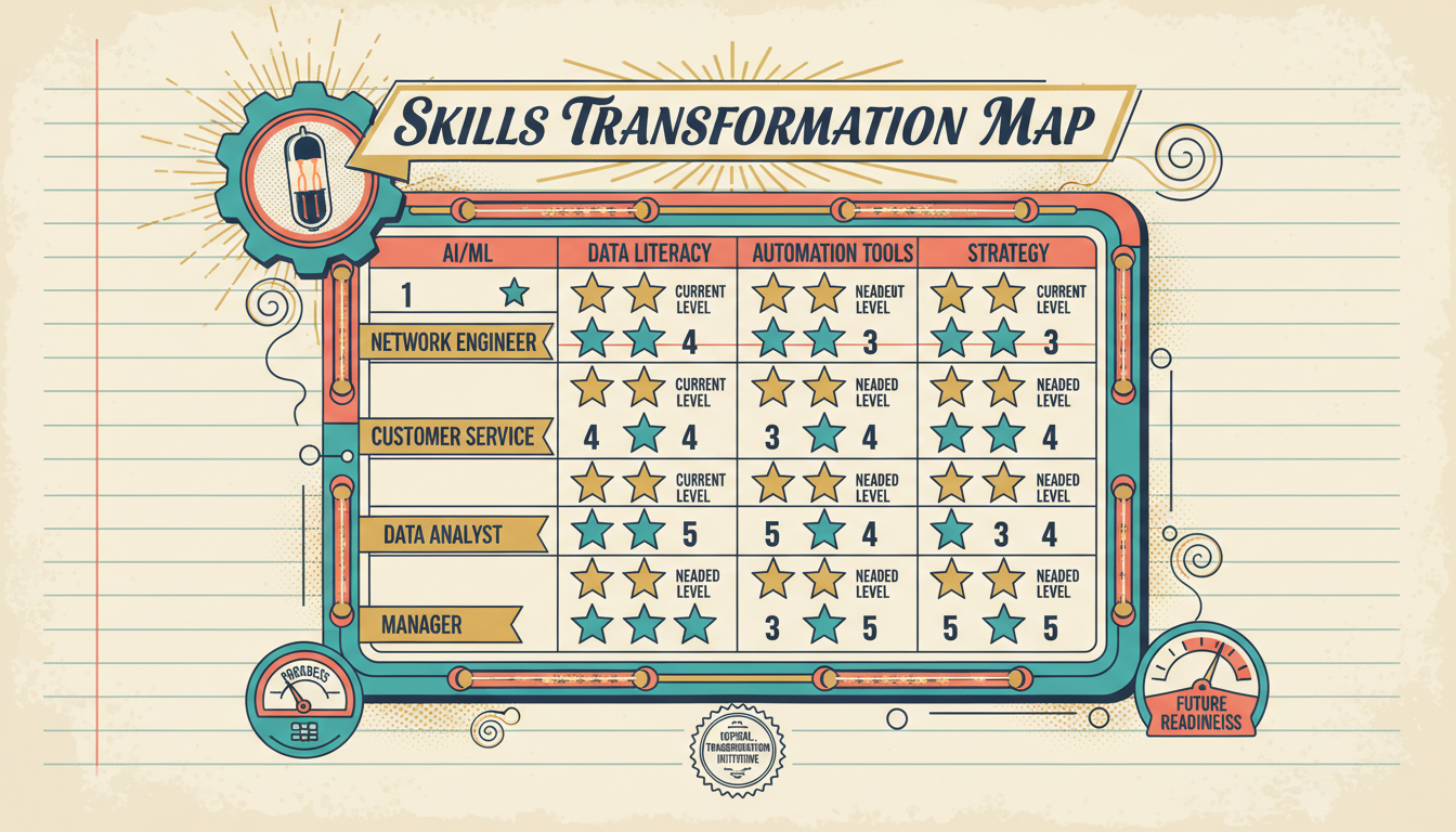 A retro-style skills transformation report card showing current vs needed skill levels across AI/ML, Data Literacy, Automation, and Strategy for different telecom roles
