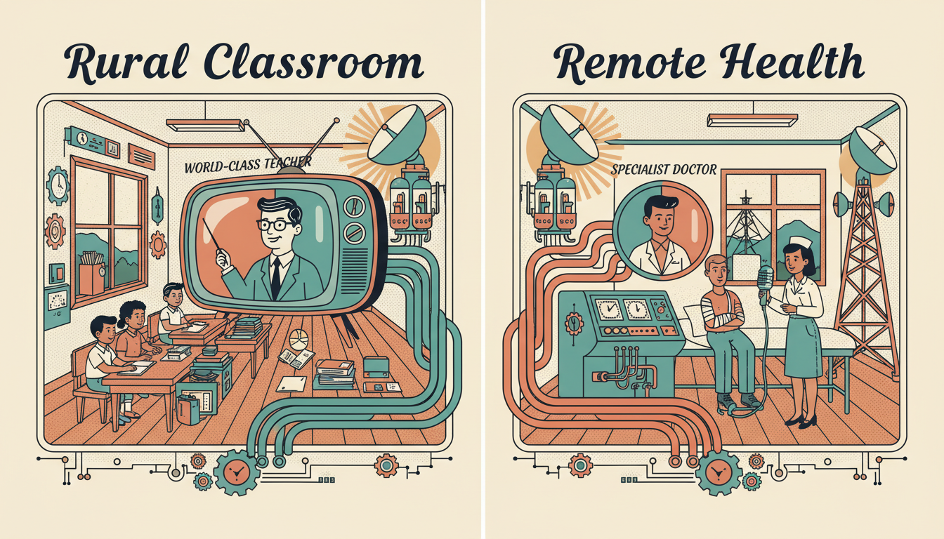 A retro two-panel illustration: a Rural Classroom connected to a world-class teacher via telecom, and a Remote Health clinic connected to a city specialist via video link