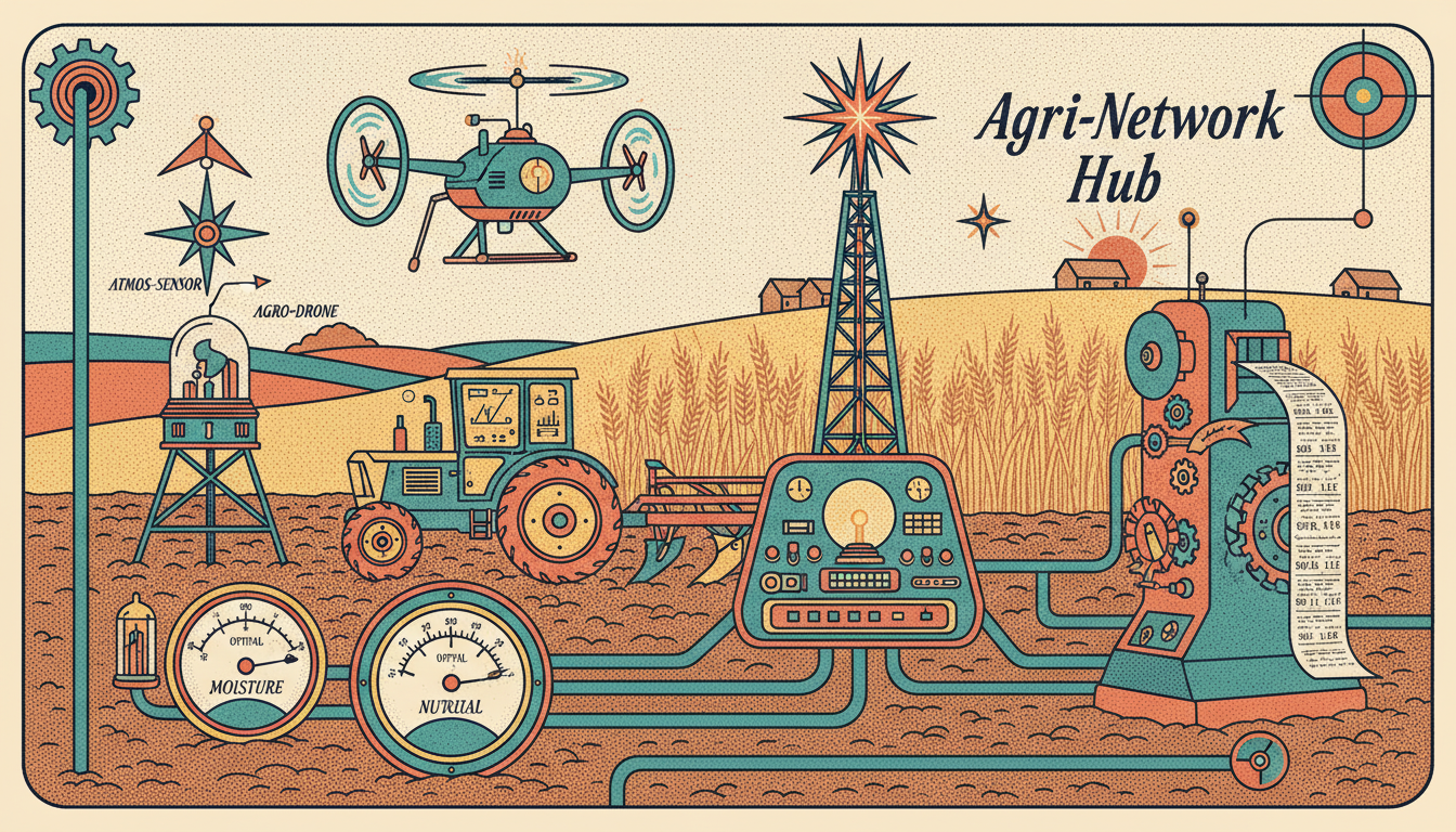 A retro-style precision farming scene with soil sensor gauges, vintage weather station, helicopter-style drone, connected tractor, and market price ticker tape, all linked to an Agri-Network hub