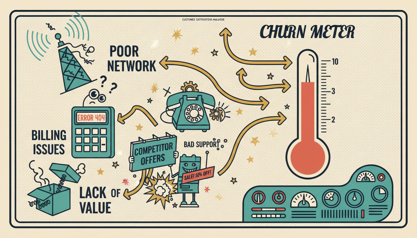 A retro-futuristic churn thermometer diagram with heat sources: Poor Network, Billing Issues, Bad Support, Competitor Offers, and Lack of Value, each adding pressure to customer departure