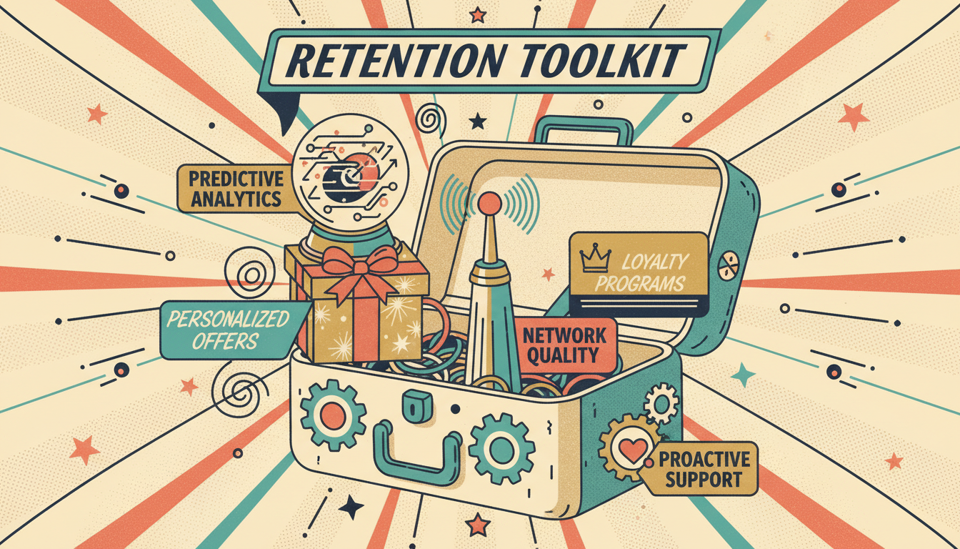 A retro-style open toolbox containing retention tools: Predictive Analytics crystal ball, Personalized Offers gift box, Network Quality booster, Loyalty Programs gold card, and Proactive Support telephone