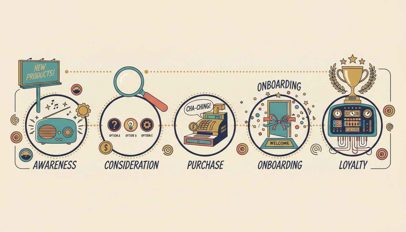A retro-style customer journey map flowing through six stages: Awareness, Consideration, Purchase, Onboarding, Support, and Loyalty, each depicted as a vintage scene vignette