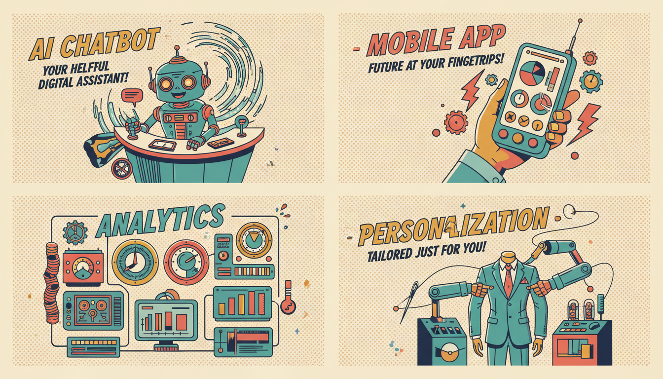 Four retro advertisement panels showing digital engagement tools: AI Chatbot as a friendly vintage robot, Mobile App on a retro device, Analytics wall of charts, and Personalization as tailored service