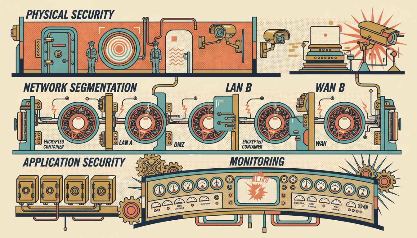 A retro-style data center cross-section showing four security layers: Physical Security, Network Segmentation, Application Security, and Monitoring, each with vintage-styled protective elements