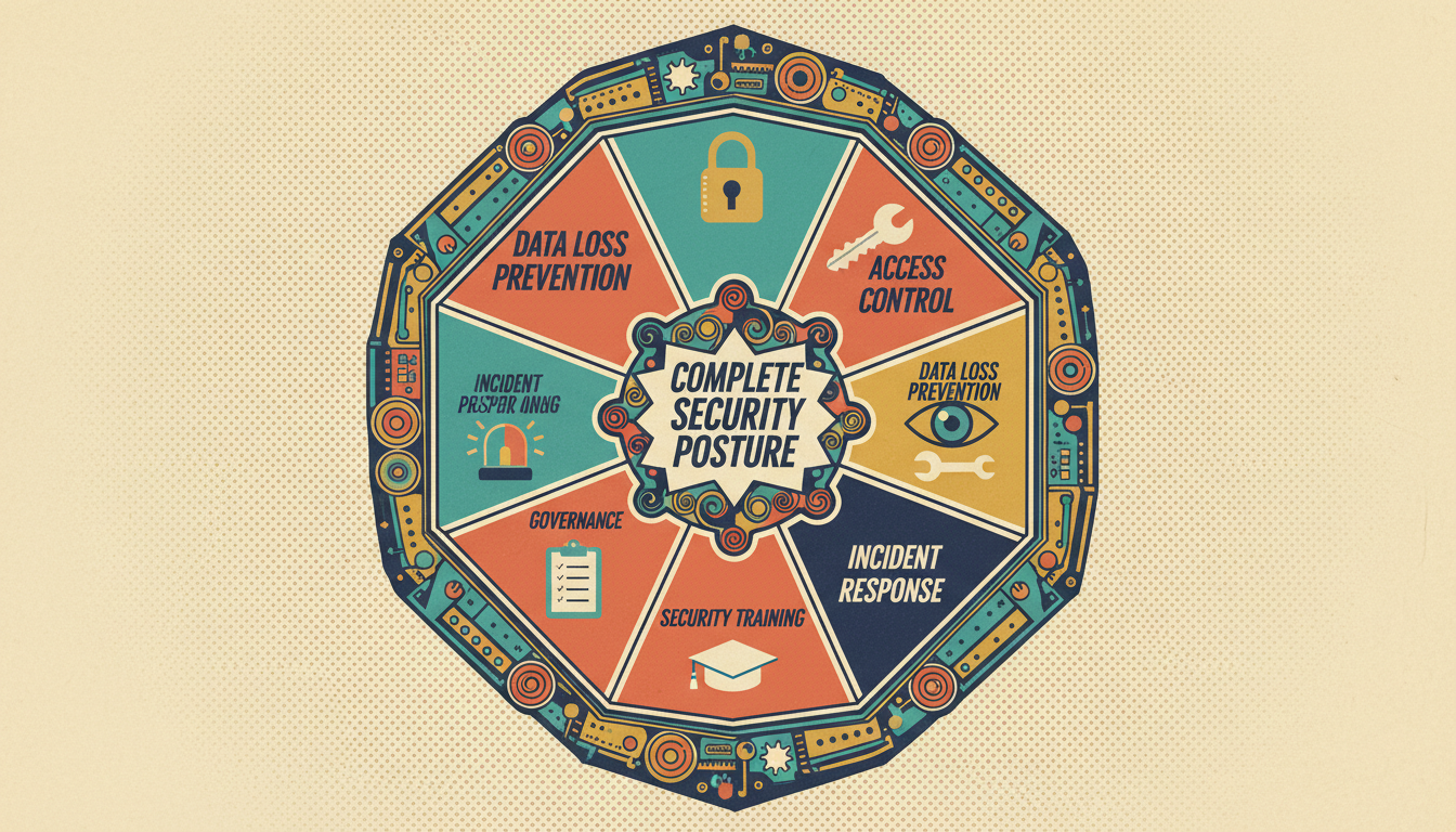A retro-futuristic octagonal shield diagram showing eight essential security measures: Encryption, Access Control, DLP, Vulnerability Management, Incident Response, Training, Audits, and Governance