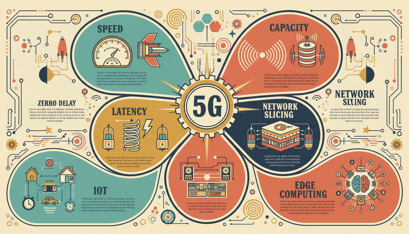 A retro-style starburst radial diagram with 5G at center, showing six benefit zones: Speed, Capacity, Latency, Network Slicing, IoT, and Edge Computing