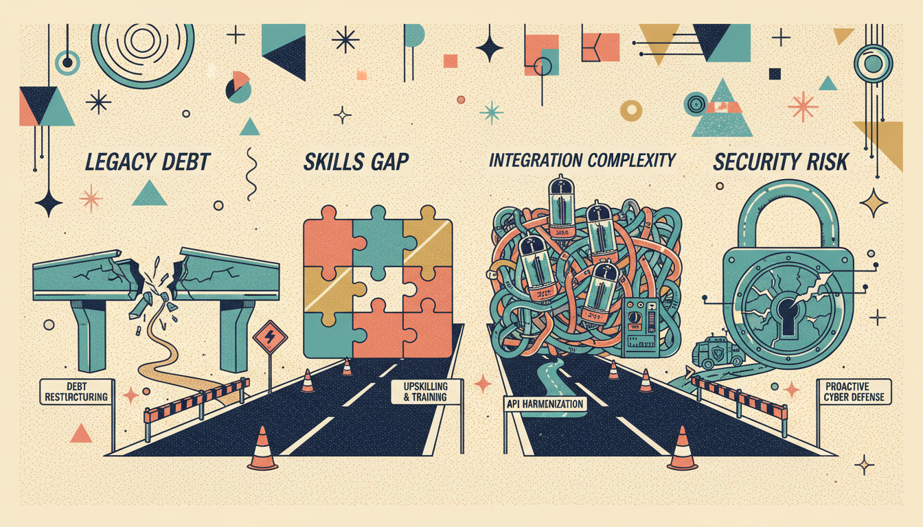 A retro-futuristic illustration of four digital transformation roadblocks: Legacy Debt, Skills Gap, Integration Complexity, and Security Risk, each shown as barriers on a highway with bypass solutions
