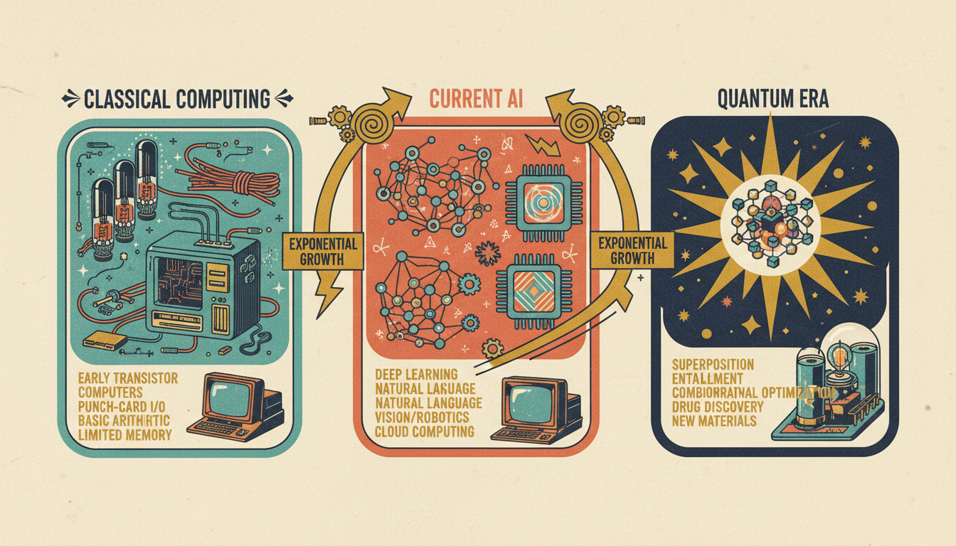 A retro technology timeline from Classical Computing through Current AI to the Quantum Era, each showing an appropriately vintage computer with exponential capability growth