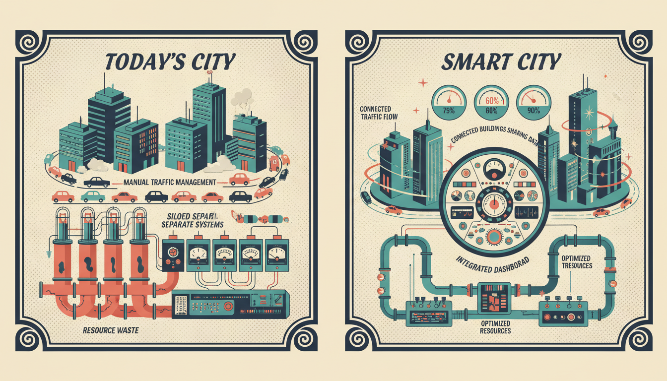 A retro-style two-panel comparison of today's city (siloed systems, manual management, waste) versus a smart city (integrated dashboard, automated systems, optimized resources) with improvement metrics