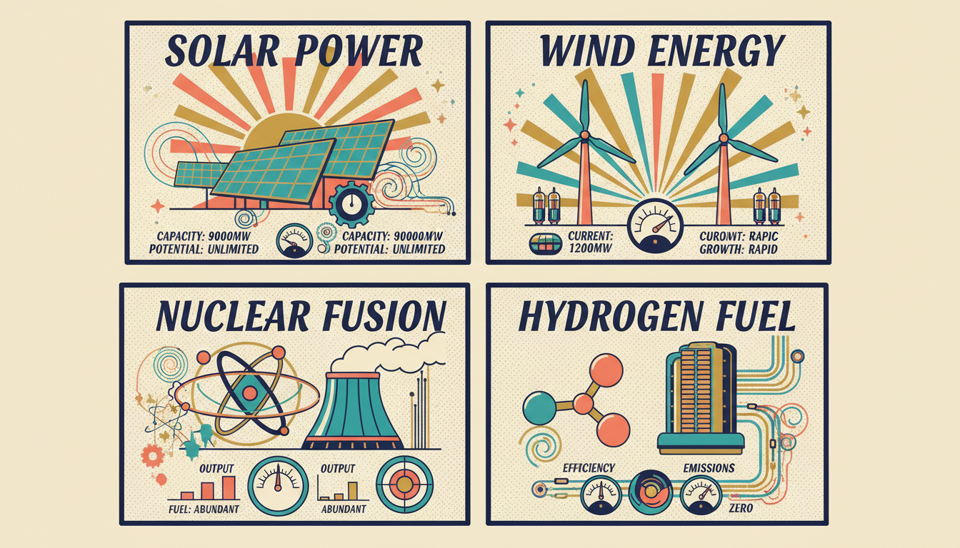 A retro science textbook illustration showcasing four energy technologies in grid panels: Solar with sunburst rays, Wind with dramatic turbines, Nuclear with atomic symbols, and Hydrogen with fuel cells