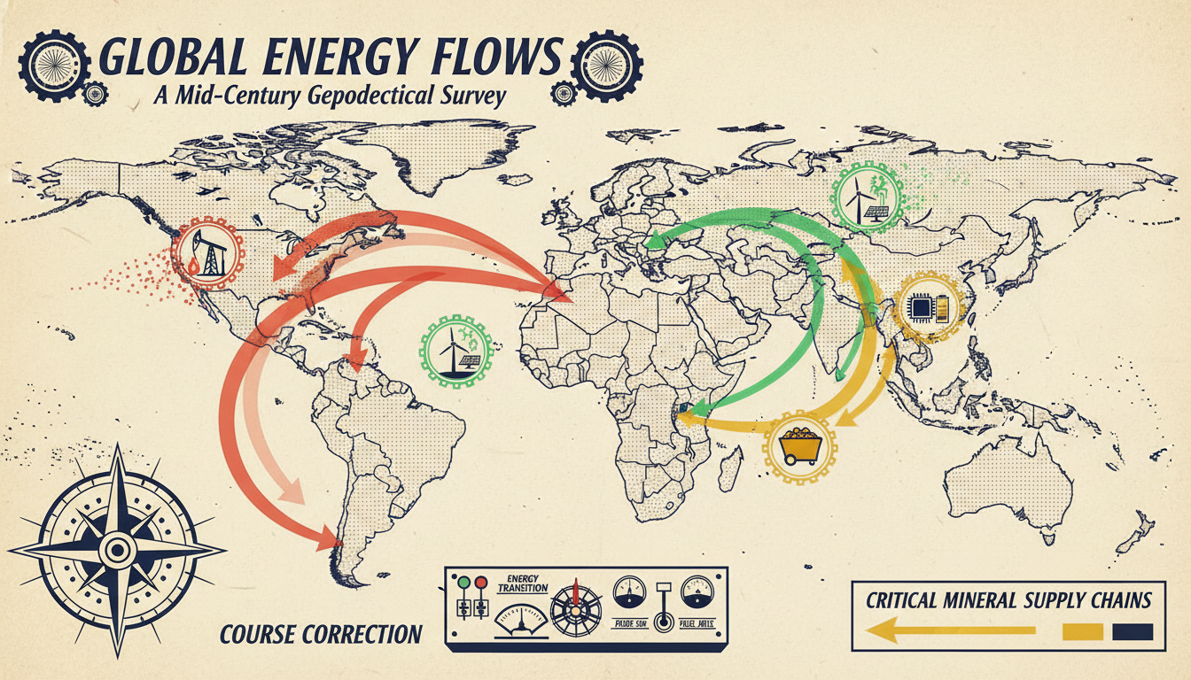 A vintage atlas-style world map showing evolving energy trade routes: fading red oil routes, thickening green renewable tech trade, and emerging gold critical mineral supply chains
