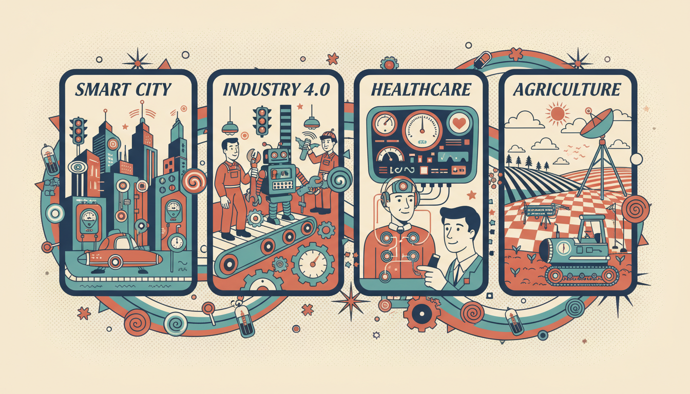 A retro-futuristic four-panel illustration showing IoE applications: Smart City, Industry 4.0, Healthcare, and Agriculture, connected by a flowing data ribbon