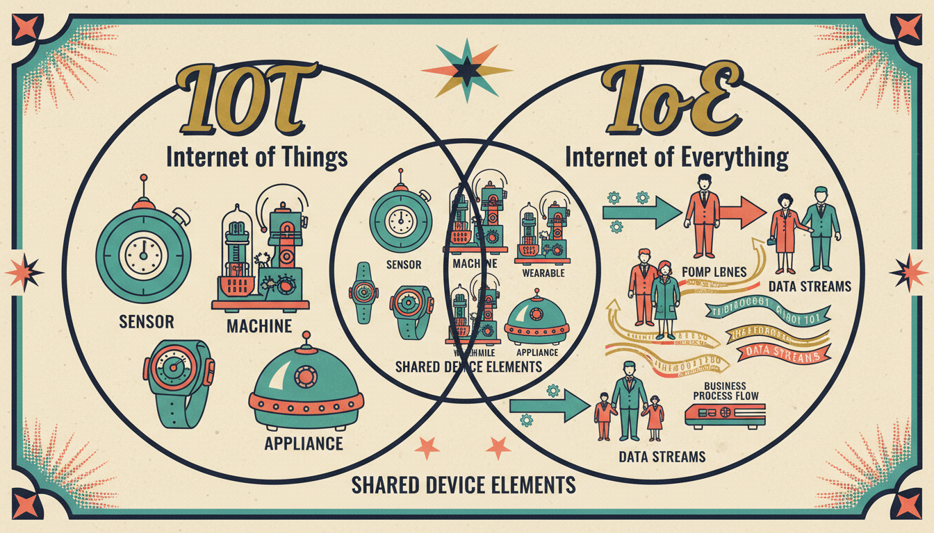 A retro-style Venn diagram comparing IoT (devices only) with IoE (devices plus people, processes, and data), showing the expanded scope of the Internet of Everything