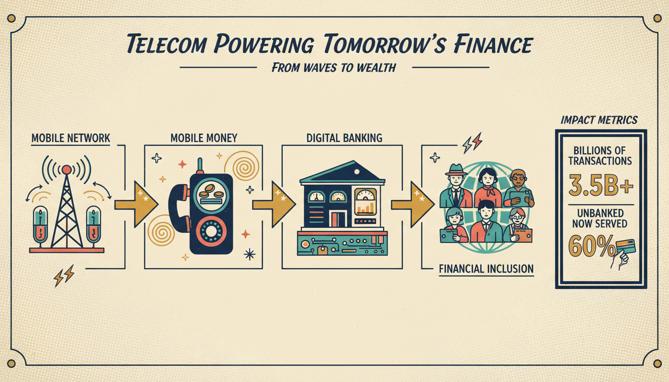 A retro-style flow diagram showing telecom enabling fintech: Mobile Network to Mobile Money to Digital Banking to Financial Inclusion, with transaction metrics