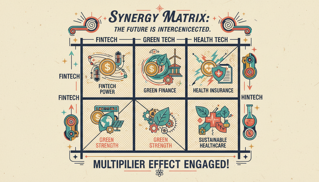 A retro-futuristic 3x3 synergy matrix showing intersection benefits of Fintech, Green Tech, and Health Tech: Green Finance, Health Insurance, and Sustainable Healthcare