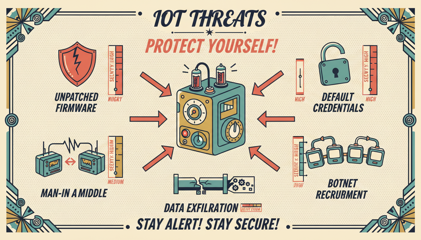 A retro-futuristic attack vector diagram showing five threats targeting IoT devices: Default Credentials, Unpatched Firmware, Man-in-Middle, Botnet Recruitment, and Data Exfiltration