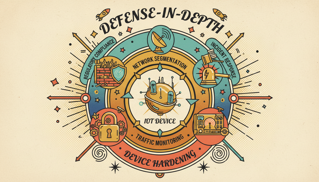 A retro-style defense-in-depth diagram showing concentric protection rings around an IoT device: Device Hardening, Network Segmentation, Traffic Monitoring, Incident Response, and Regulatory Compliance