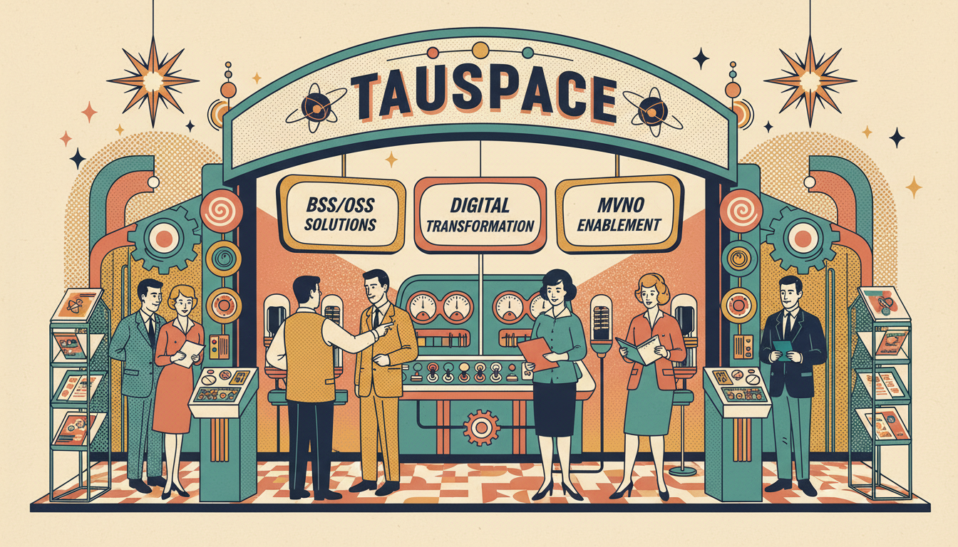 A retro trade show illustration of the TAUSPACE exhibition booth displaying BSS/OSS Solutions, Digital Transformation, and MVNO Enablement offerings to visiting industry professionals