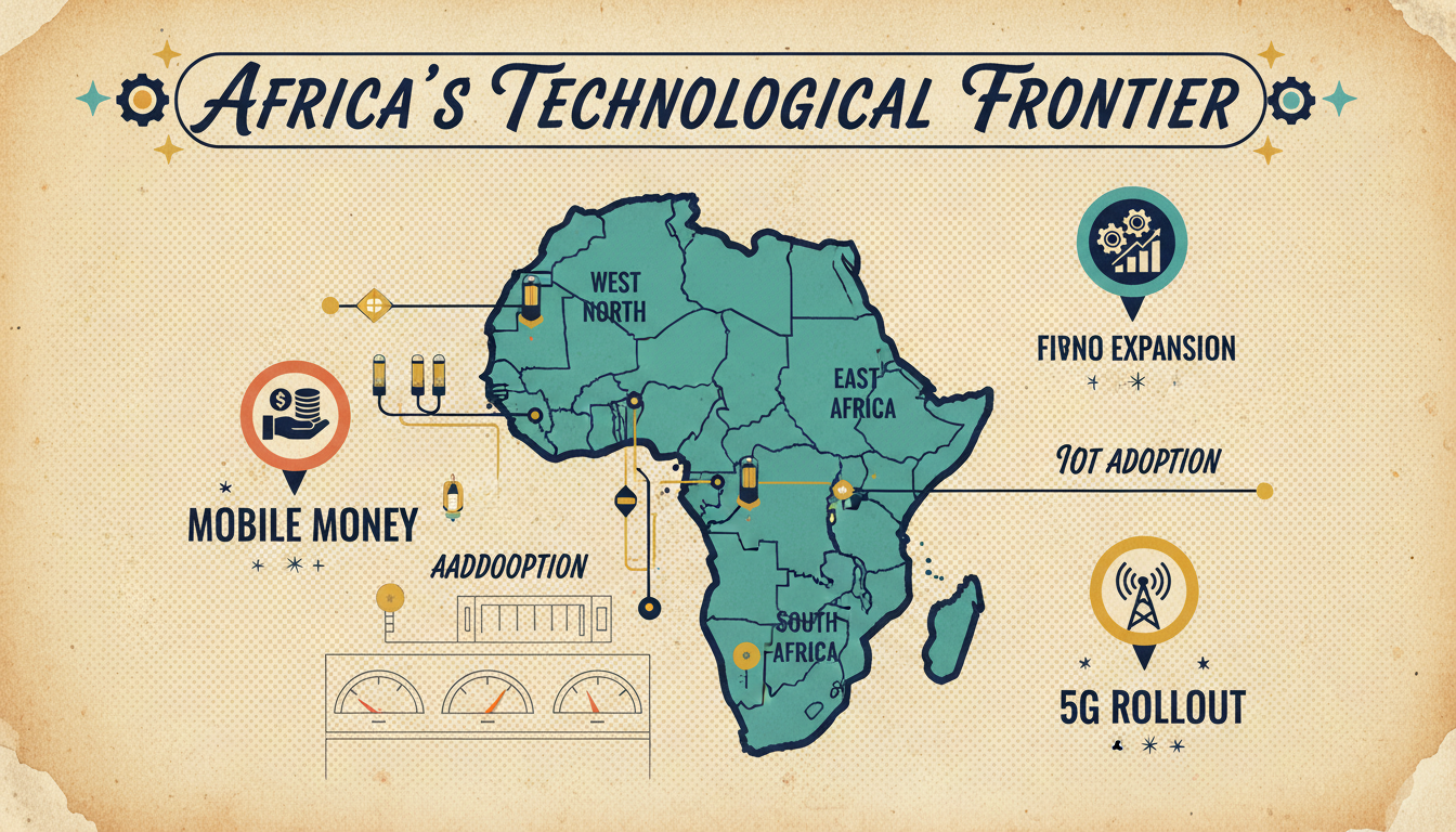 A vintage atlas-style map of Africa with trend indicators pinned to regions: Mobile Money in West Africa, 5G Rollout in South Africa, MVNO Growth in East Africa, and Fiber Expansion in North Africa