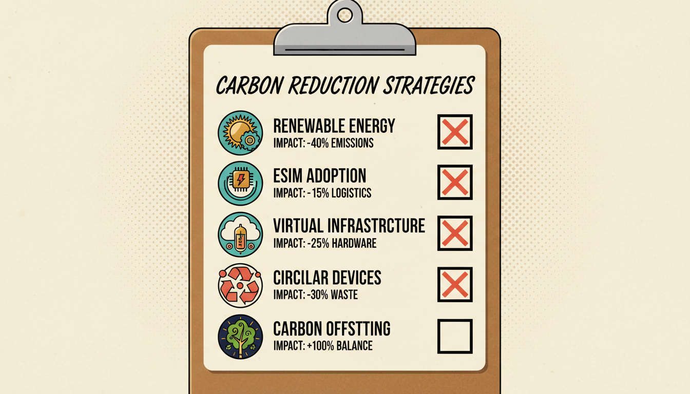 A retro inspector clipboard showing a carbon reduction checklist: Renewable Energy, eSIM Adoption, Virtual Infrastructure, Circular Devices, and Carbon Offsetting, each with impact metrics