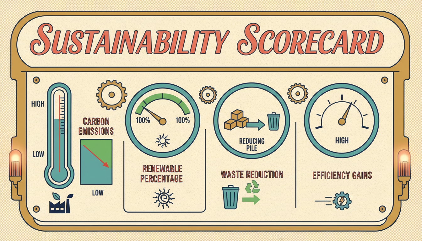 A vintage instrument panel showing sustainability KPI gauges: Carbon Emissions trending down, Renewable Percentage rising, Waste Reduction shrinking, and Efficiency Gains accelerating