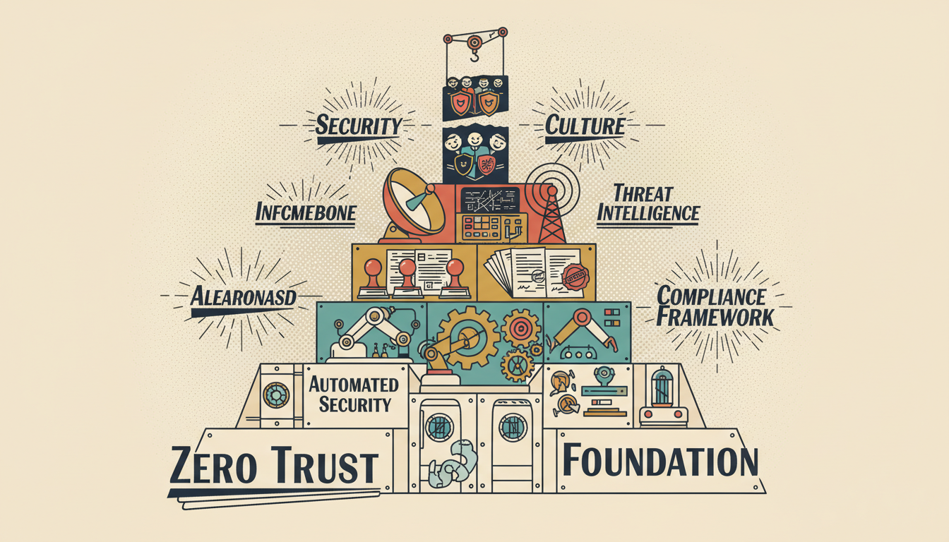 A retro-futuristic pyramid diagram built from blocks: Zero Trust Foundation, Automated Security, Compliance Framework, Threat Intelligence, and Security Culture at the peak