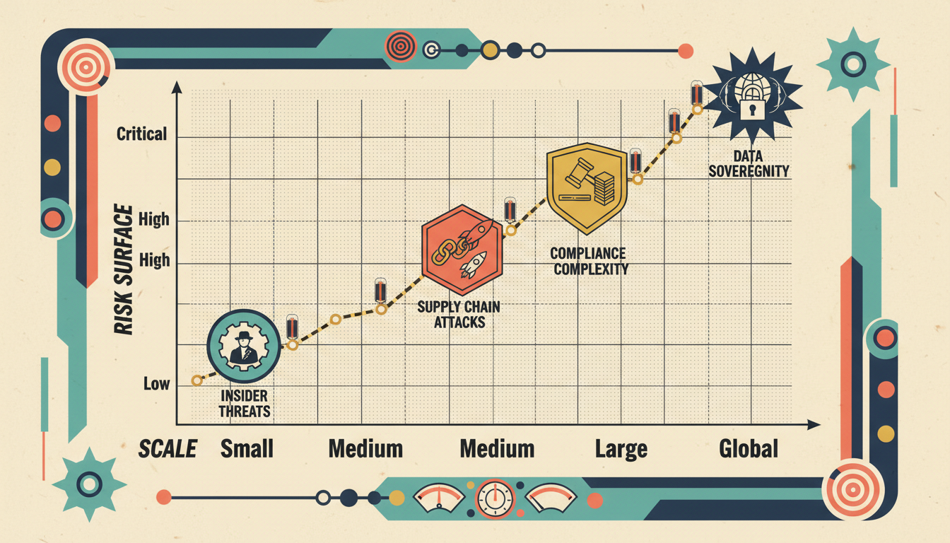 A retro-style risk matrix showing how threats scale exponentially with company growth: insider threats, supply chain attacks, compliance complexity, and data sovereignty challenges