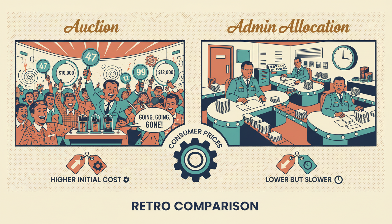 A retro-style side-by-side comparison of Auction allocation (competitive bidding room) versus Administrative allocation (orderly government office), showing the impact of each approach on consumer prices