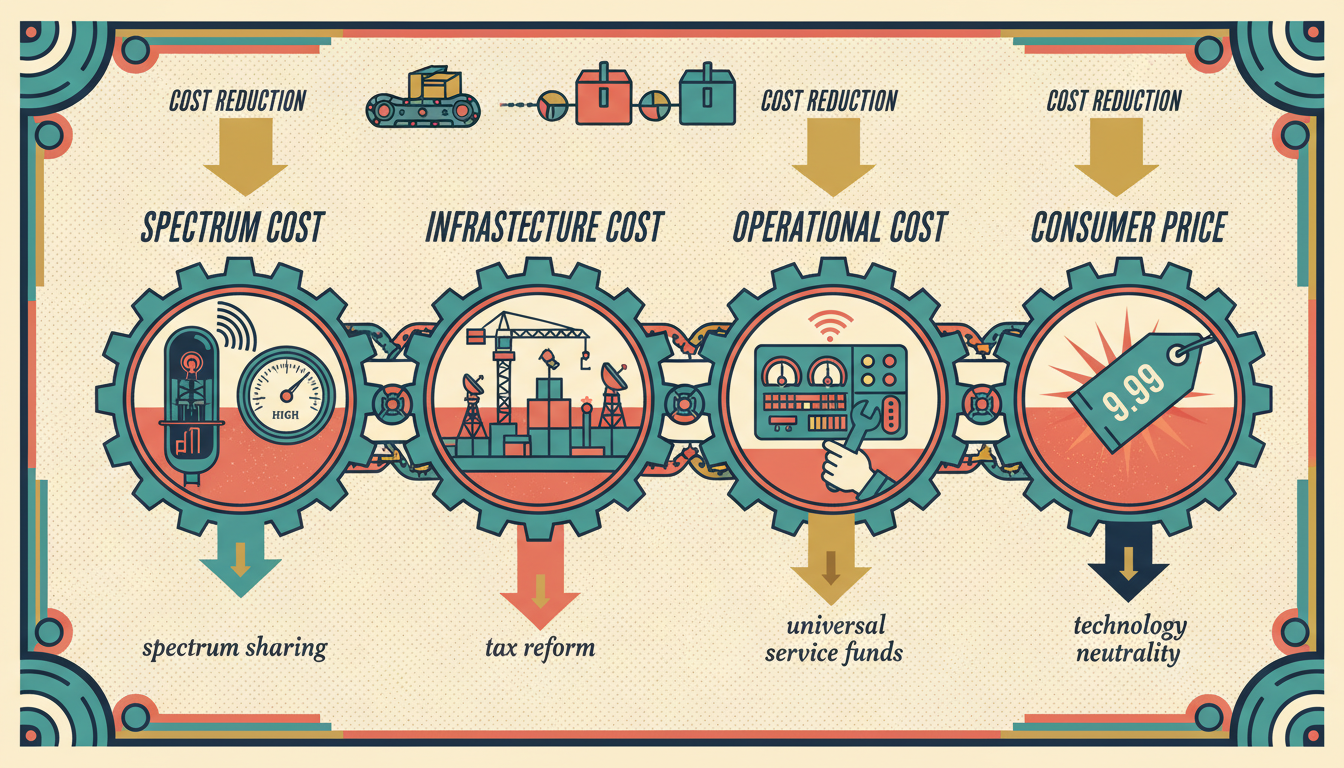 A retro assembly-line value chain showing cost stages from Spectrum Cost through Infrastructure and Operations to Consumer Price, with policy levers reducing costs at each stage