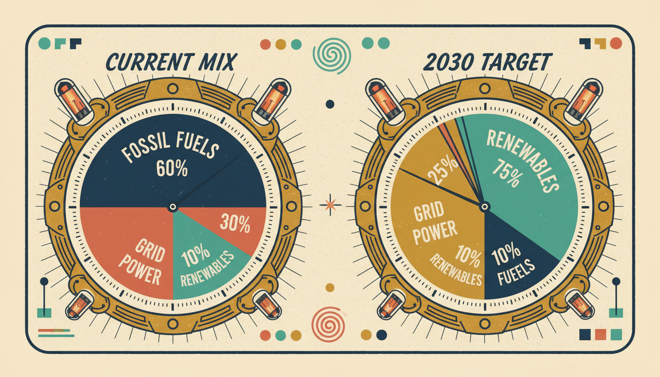 Two retro pie chart dials comparing the current telecom energy mix (fossil fuel dominant) with the 2030 target mix (renewable dominant), styled as vintage analog gauges