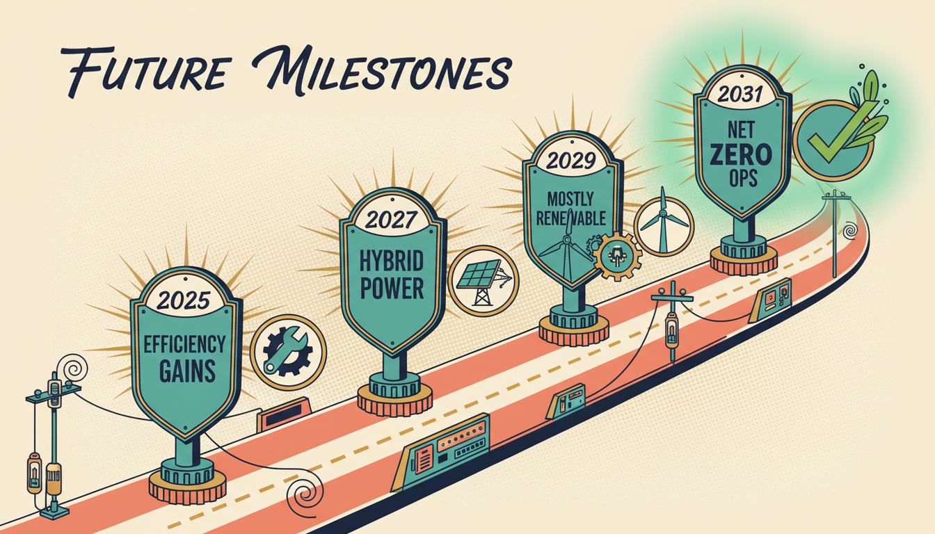 A retro highway roadmap timeline with milestones: 2025 Efficiency Gains, 2027 Hybrid Power, 2029 Mostly Renewable, and 2031 Net Zero Operations