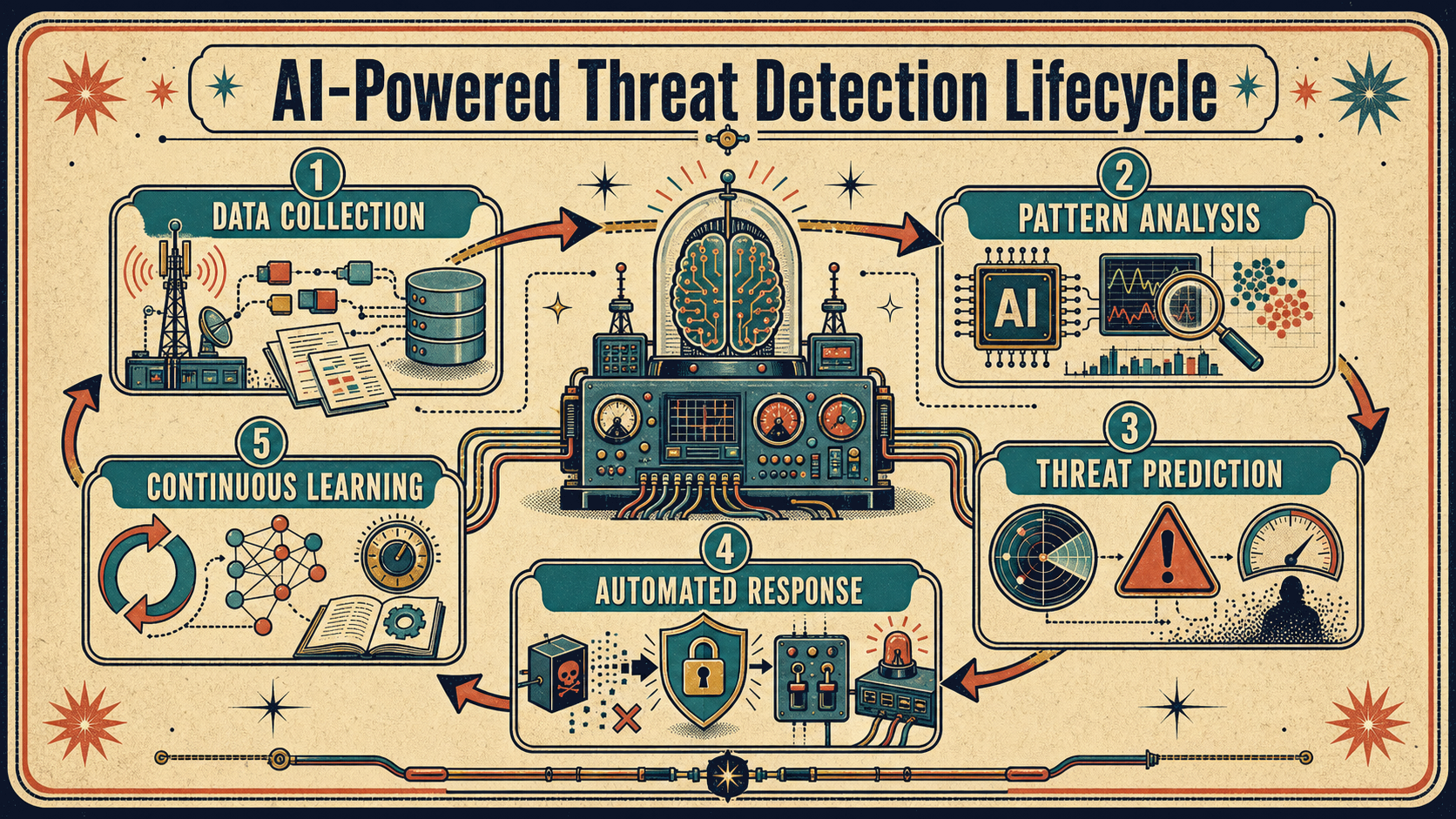 AI-Powered Threat Detection Lifecycle: Data Collection, Pattern Analysis, Threat Prediction, Automated Response, Continuous Learning